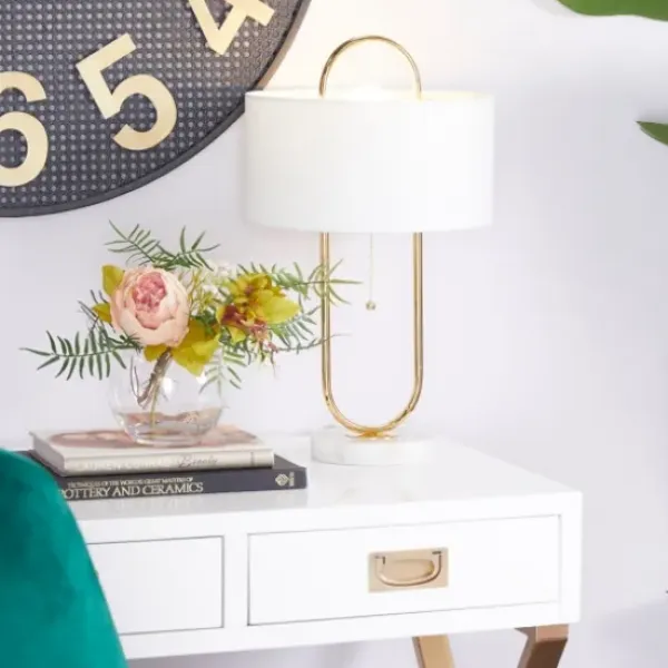 Table Lamps-Kirkland's Home Metal Open Loop Stem White Round Table Lamp Gold