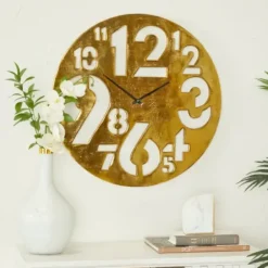 Clocks-Kirkland's Home Metal Round Frame Cutout Numerals Clock Gold