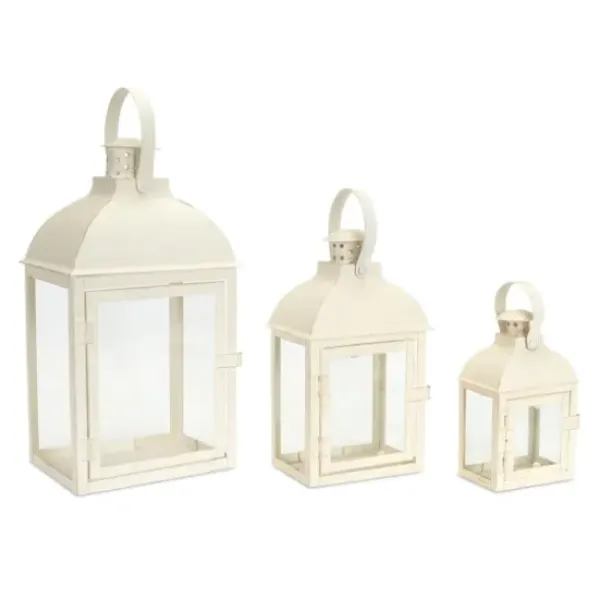 Lanterns-Kirkland's Home Metal Slope Top Lanterns, Set Of 3 Ivory