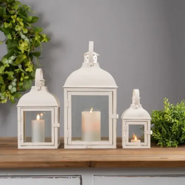 Lanterns-Kirkland's Home Metal Slope Top Lanterns, Set Of 3 Ivory