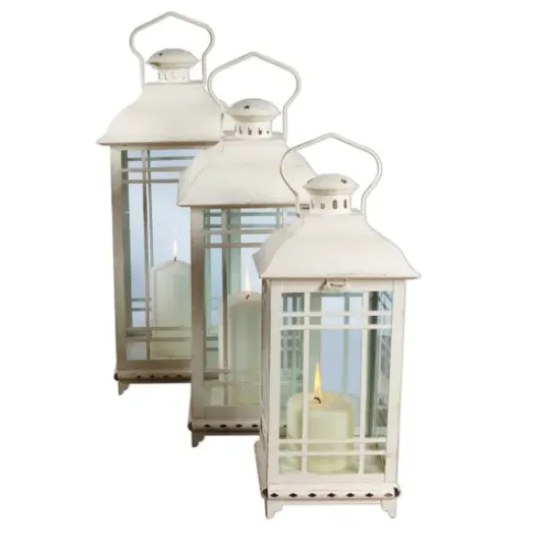 Lanterns-Kirkland's Home Metal Windowpane Lanterns, Set Of 3 White