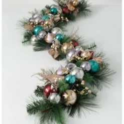 Arrangements & Greenery-Kirkland's Home Metallic Multicolor Ornaments And Berries Garland Green/Silver/Red/Gold/Blue