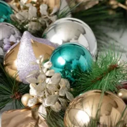 Arrangements & Greenery-Kirkland's Home Metallic Multicolor Ornaments And Berries Garland Green/Silver/Red/Gold/Blue
