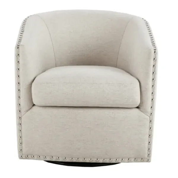 Accent Chairs-Kirkland's Home Metro Club Natural Swivel Chair With Nailhead Trim White