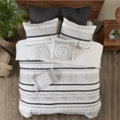 Comforters-Kirkland's Home Mia White Striped 3-Pc. King Comforter Set White/Black