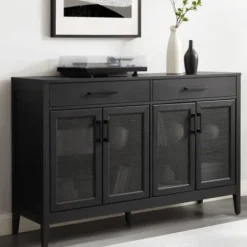 Cabinets & Sideboards-Kirkland's Home Micah Black Rattan Mesh Sideboard Cabinet