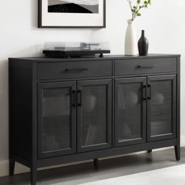 Cabinets & Sideboards-Kirkland's Home Micah Black Rattan Mesh Sideboard Cabinet