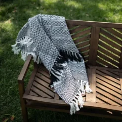 Blankets & Throws-Kirkland's Home Midnight Crosshatch Stripes Outdoor Throw Blanket White/Black