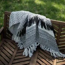 Blankets & Throws-Kirkland's Home Midnight Crosshatch Stripes Outdoor Throw Blanket White/Black