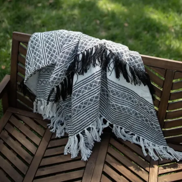 Blankets & Throws-Kirkland's Home Midnight Crosshatch Stripes Outdoor Throw Blanket White/Black