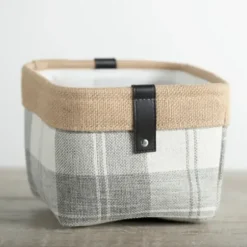 Baskets & Boxes-Kirkland's Home Mini Gray Plaid Bin With Leather Accent Gray/Tan/White