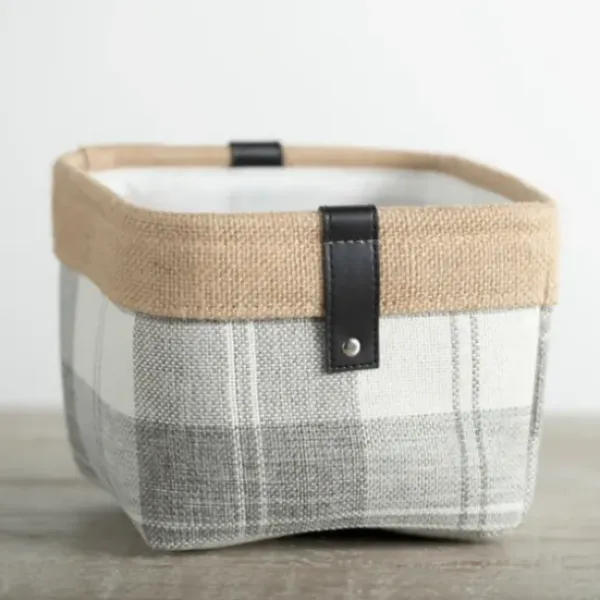 Baskets & Boxes-Kirkland's Home Mini Gray Plaid Bin With Leather Accent Gray/Tan/White