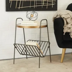 Accent & End Tables-Kirkland's Home Mirror Top Magazine Rack Side Table Black/Gold