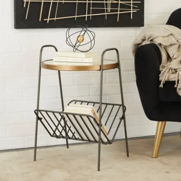 Accent & End Tables-Kirkland's Home Mirror Top Magazine Rack Side Table Black/Gold