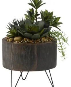 Trees & Topiaries-Kirkland's Home Mixed Greenery Arrangement In Round Wooden Planter