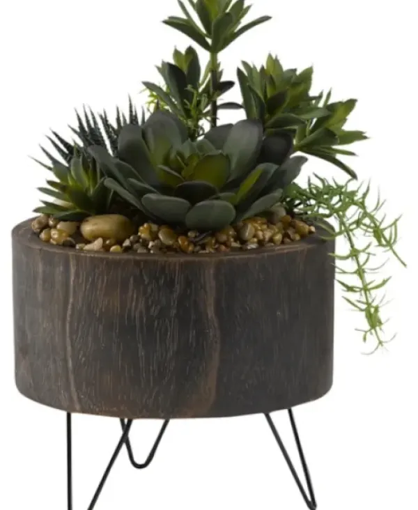 Trees & Topiaries-Kirkland's Home Mixed Greenery Arrangement In Round Wooden Planter