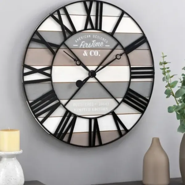 Clocks-Kirkland's Home Mixed Plank And Black Metal Wall Clock