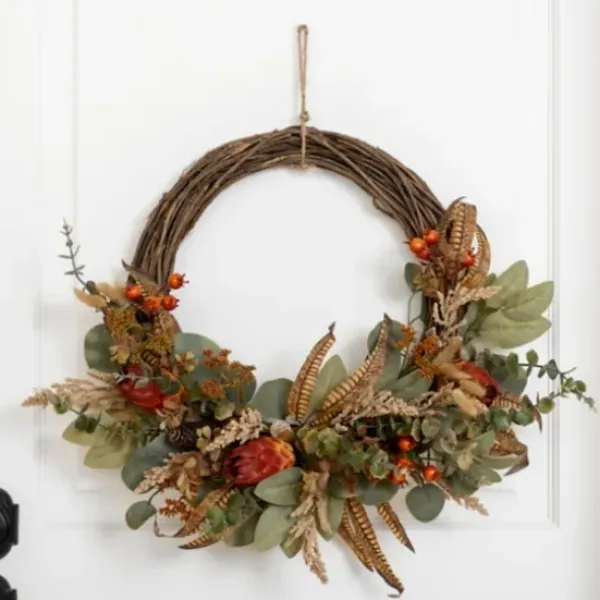 Wreaths-Kirkland's Home Mixed Wheat And Protea Fall Wreath Green/Brown/Orange
