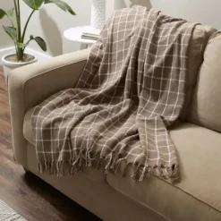 Blankets & Throws-Kirkland's Home Mocha Plaid Fringed Throw Brown