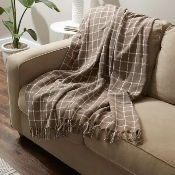 Blankets & Throws-Kirkland's Home Mocha Plaid Fringed Throw Brown