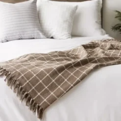 Blankets & Throws-Kirkland's Home Mocha Plaid Fringed Throw Brown