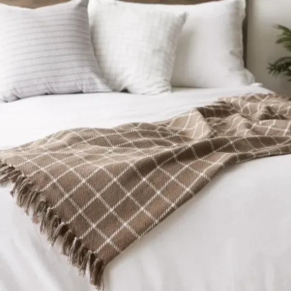 Blankets & Throws-Kirkland's Home Mocha Plaid Fringed Throw Brown