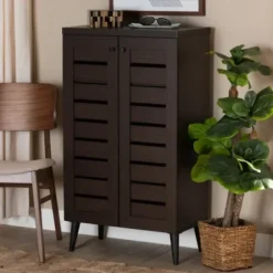 Entryway Furniture-Kirkland's Home Mocha Tall Slatted Shoe Storage Cabinet Brown
