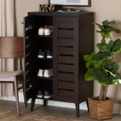 Entryway Furniture-Kirkland's Home Mocha Tall Slatted Shoe Storage Cabinet Brown