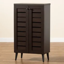 Entryway Furniture-Kirkland's Home Mocha Tall Slatted Shoe Storage Cabinet Brown