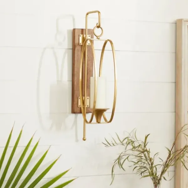 Sconces-Kirkland's Home Modern Warm Wood And Gold Sconce