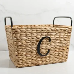 Baskets & Boxes-Kirkland's Home Monogram C Woven Rat Metal Handle Basket Tan