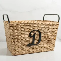 Baskets & Boxes-Kirkland's Home Monogram D Woven Rat Metal Handle Basket Tan