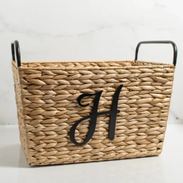 Baskets & Boxes-Kirkland's Home Monogram H Woven Rat Metal Handle Basket Tan