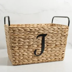 Baskets & Boxes-Kirkland's Home Monogram J Woven Rat Metal Handle Basket Tan