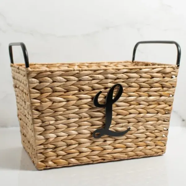 Baskets & Boxes-Kirkland's Home Monogram L Woven Rat Metal Handle Basket Tan