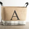 Baskets & Boxes-Kirkland's Home Monogrammed A Gray Plaid Leather Handle Jute Bin Tan