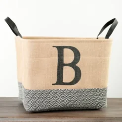 Baskets & Boxes-Kirkland's Home Monogrammed B Black Diamond Jute Storage Bin Tan/Black