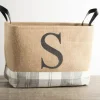 Baskets & Boxes-Kirkland's Home Monogrammed D Gray Plaid Leather Handle Jute Bin Tan