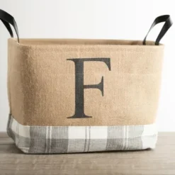 Baskets & Boxes-Kirkland's Home Monogrammed F Gray Plaid Leather Handle Jute Bin Tan