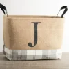 Baskets & Boxes-Kirkland's Home Monogrammed J Gray Plaid Leather Handle Jute Bin Tan