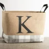 Baskets & Boxes-Kirkland's Home Monogrammed K Gray Plaid Leather Handle Jute Bin Tan