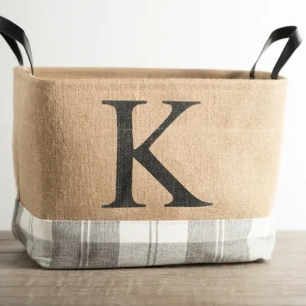 Baskets & Boxes-Kirkland's Home Monogrammed K Gray Plaid Leather Handle Jute Bin Tan