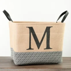 Baskets & Boxes-Kirkland's Home Monogrammed M Black Diamond Jute Storage Bin Tan/Black