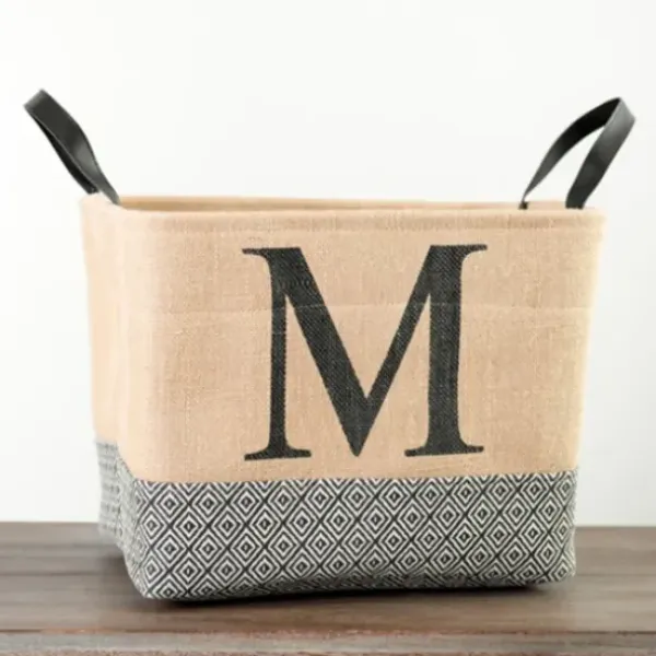 Baskets & Boxes-Kirkland's Home Monogrammed M Black Diamond Jute Storage Bin Tan/Black