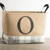 Baskets & Boxes-Kirkland's Home Monogrammed O Gray Plaid Leather Handle Jute Bin Tan