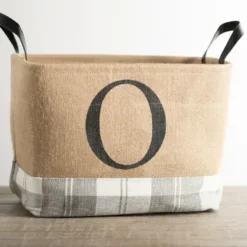 Baskets & Boxes-Kirkland's Home Monogrammed O Gray Plaid Leather Handle Jute Bin Tan