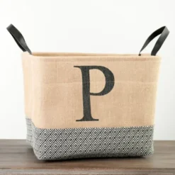 Baskets & Boxes-Kirkland's Home Monogrammed P Black Diamond Jute Storage Bin Tan/Black
