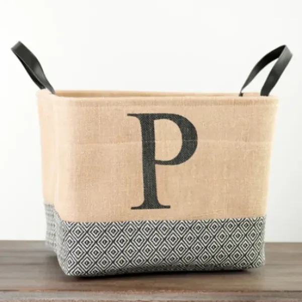Baskets & Boxes-Kirkland's Home Monogrammed P Black Diamond Jute Storage Bin Tan/Black