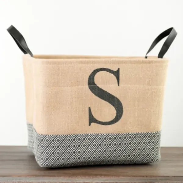 Baskets & Boxes-Kirkland's Home Monogrammed S Black Diamond Jute Storage Bin Tan/Black
