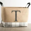 Baskets & Boxes-Kirkland's Home Monogrammed T Gray Plaid Leather Handle Jute Bin Tan